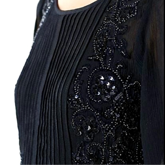 Anthropologie Embellished Beaded Sequin Floral Embroidered Navy Peplum Blouse - Picture 4 of 14